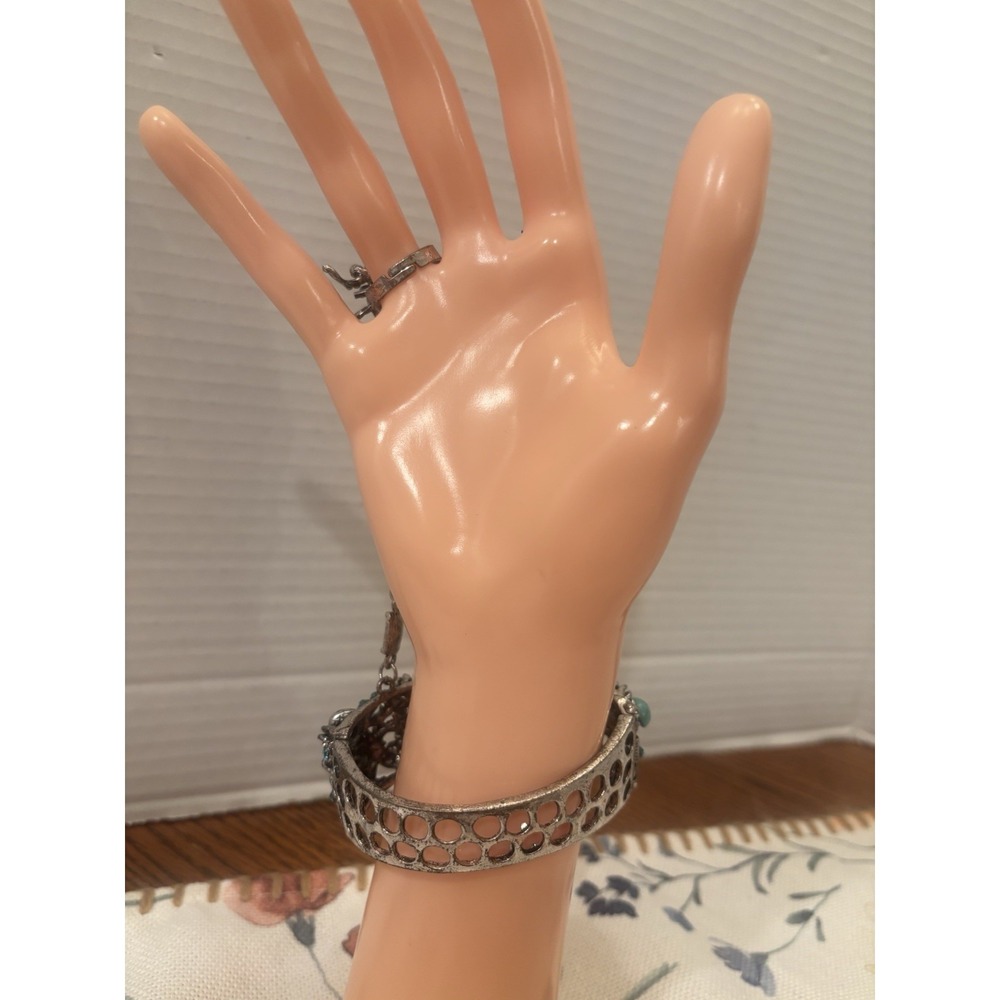 Vintage Bluestone Faux Turquoise Silver Tone Spider Slave Bracelet Sizable Ring - Picture 4 of 4